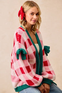 Holly Jolly Check Knit Cardigan – Pink & Red Plaid Christmas Sweater with Ribbon Detail