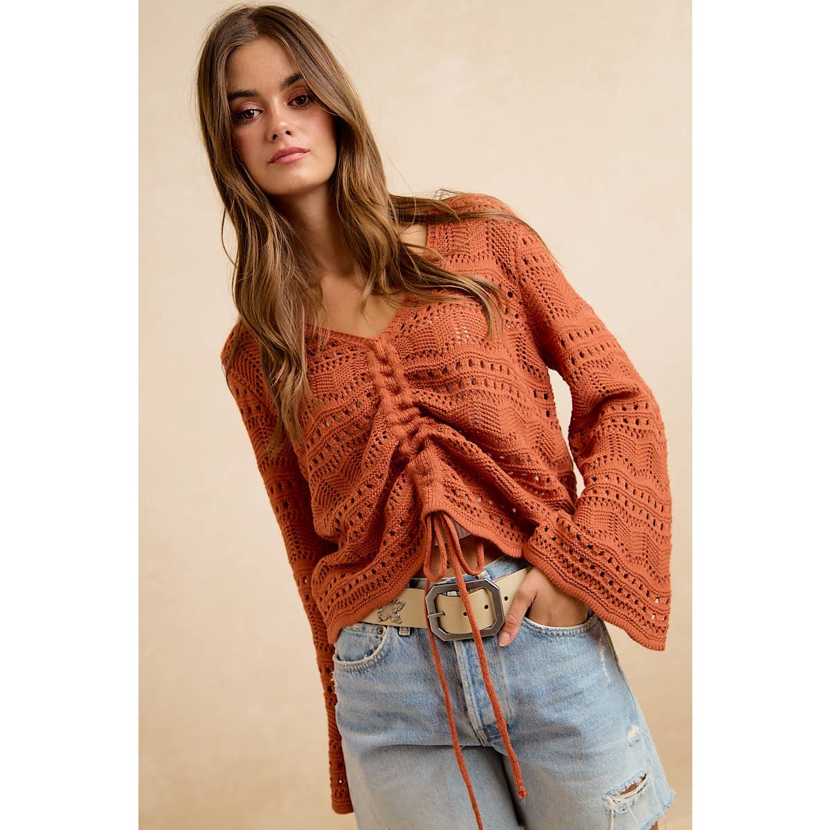 The Harvest Glow Ruched Knit Sweater: Terracotta