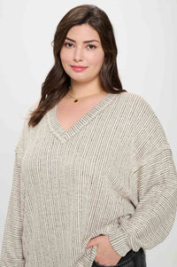 Zoey Casual V Neck Long Sleeve Plus Size Top: Taupe