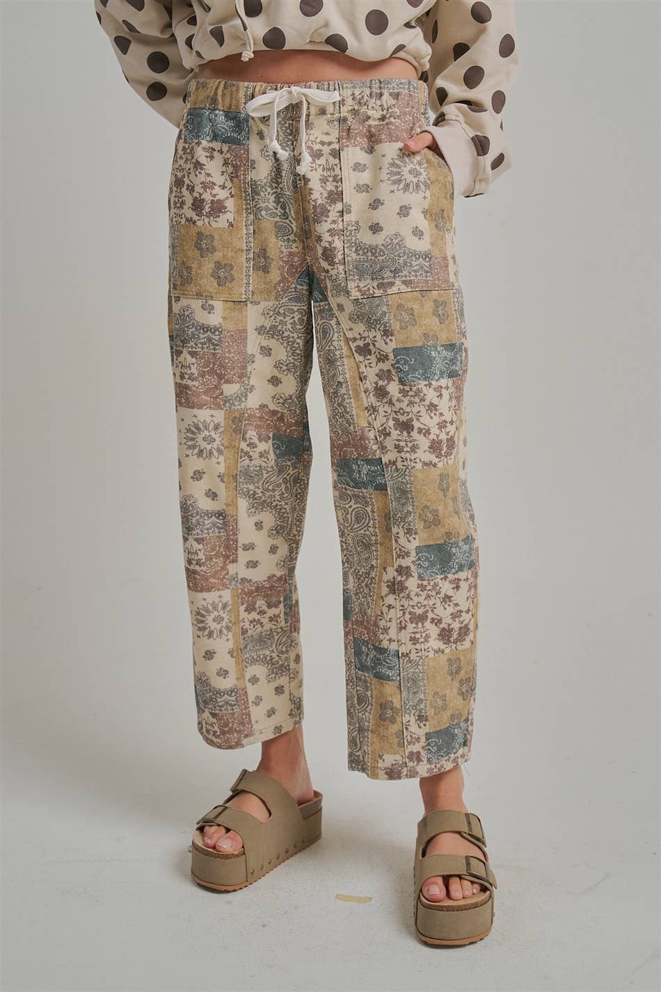 Autumn Story Patchwork Mid Rise Elastic Waist Drawstring Pants