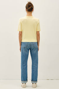 The Ellison Fine Gauge Knit Cardigan: Banana  – Soft Short Sleeve Button Front Sweater for Women