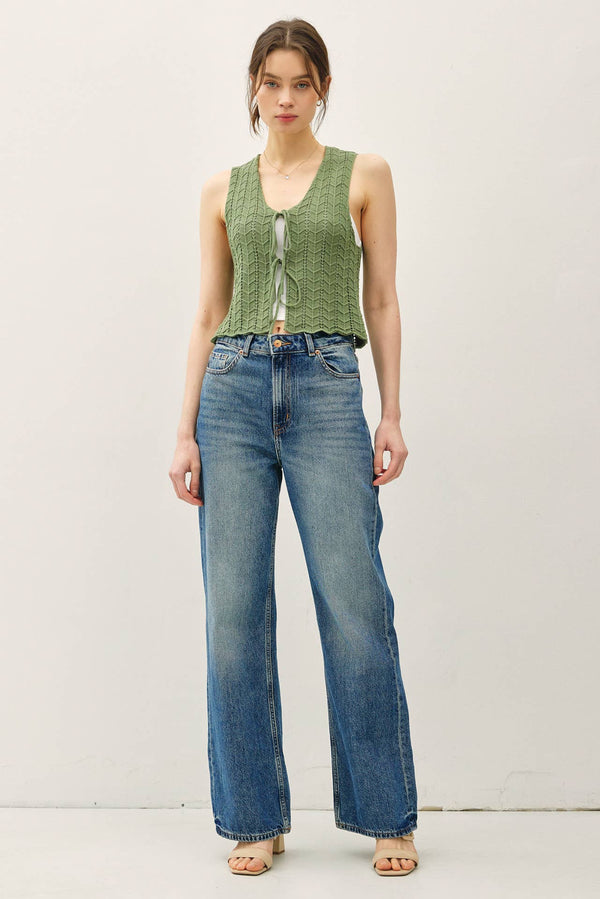 The Bellamy Knit Tie Vest: Soft Pine – Soft Sweater Vest with Wavy Hem Detail for Women
