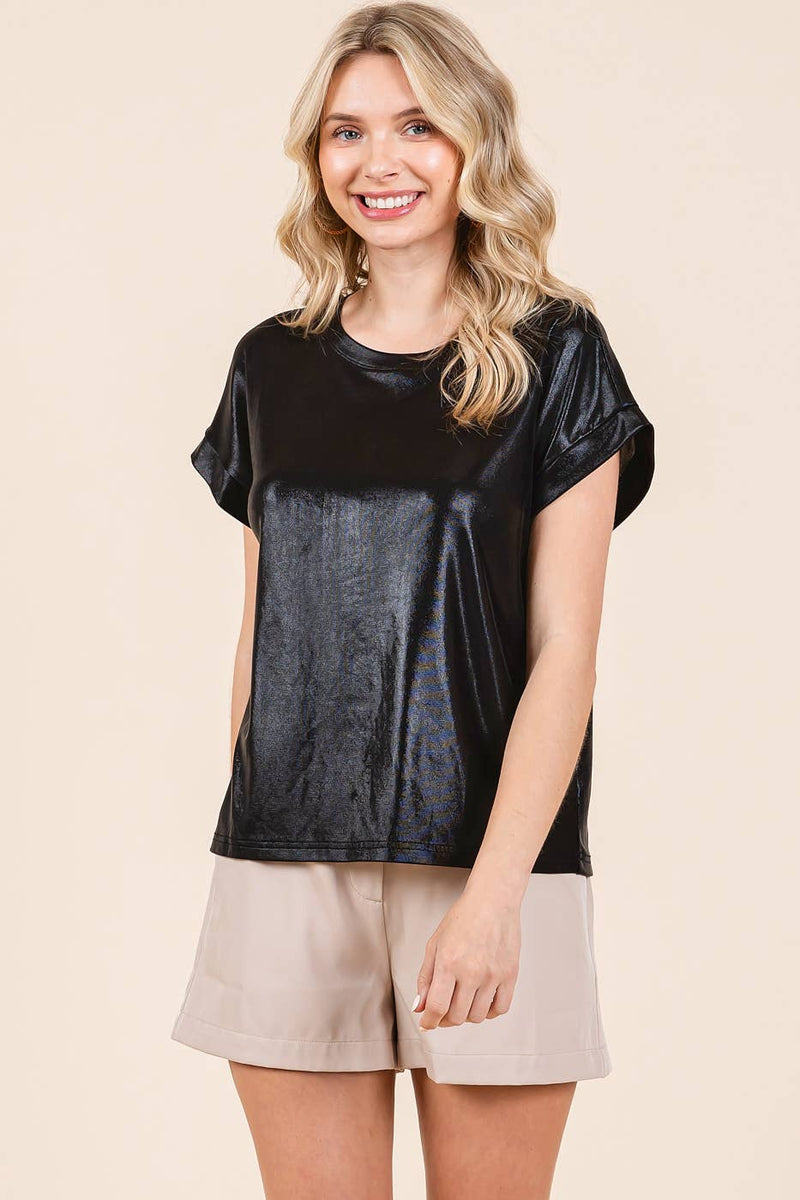 Riley Metallic Knit Short Sleeve Blose: Black