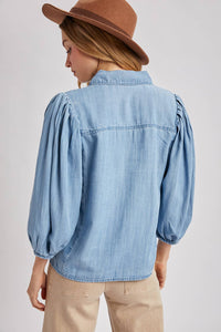 Elowen Denim Balloon Sleeve Button-Up Top