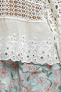Long Sleeve Round Neck Women Crochet Top: NATURAL / OS