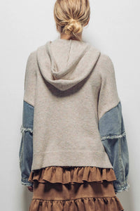 Snowfall Patchwork Hoodie – Mixed-Media Knit & Denim Sleeve Pullover | Northern Belle Boutique