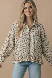 The Wren Floral Peplum Button-Up Blouse: Oatmeal