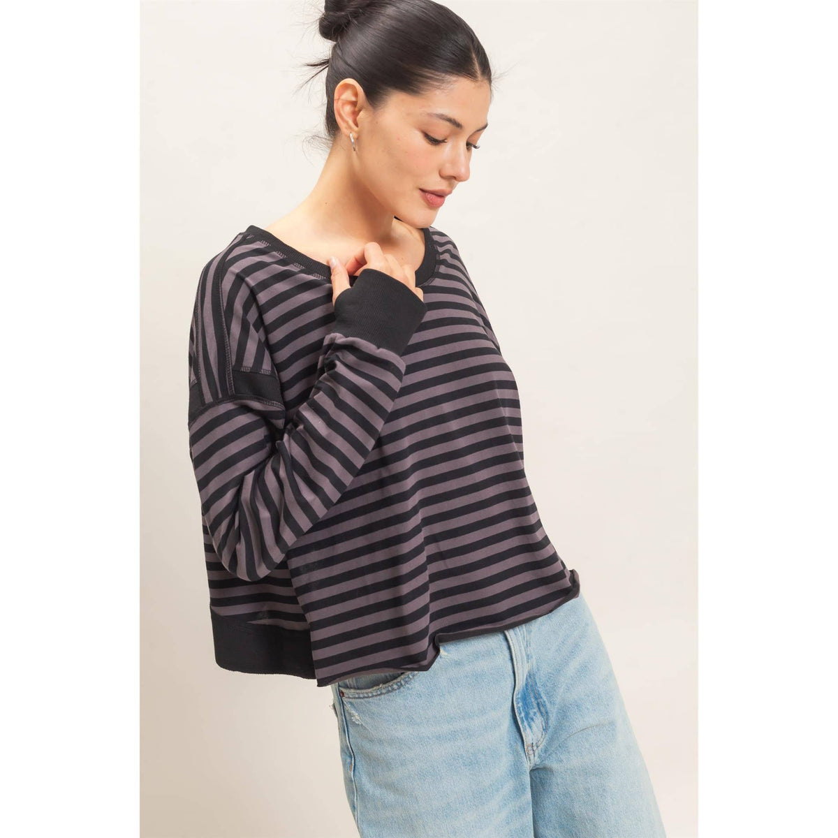 Striped Long Sleeve Top: MOCHA / S-M-L(2-2-2)