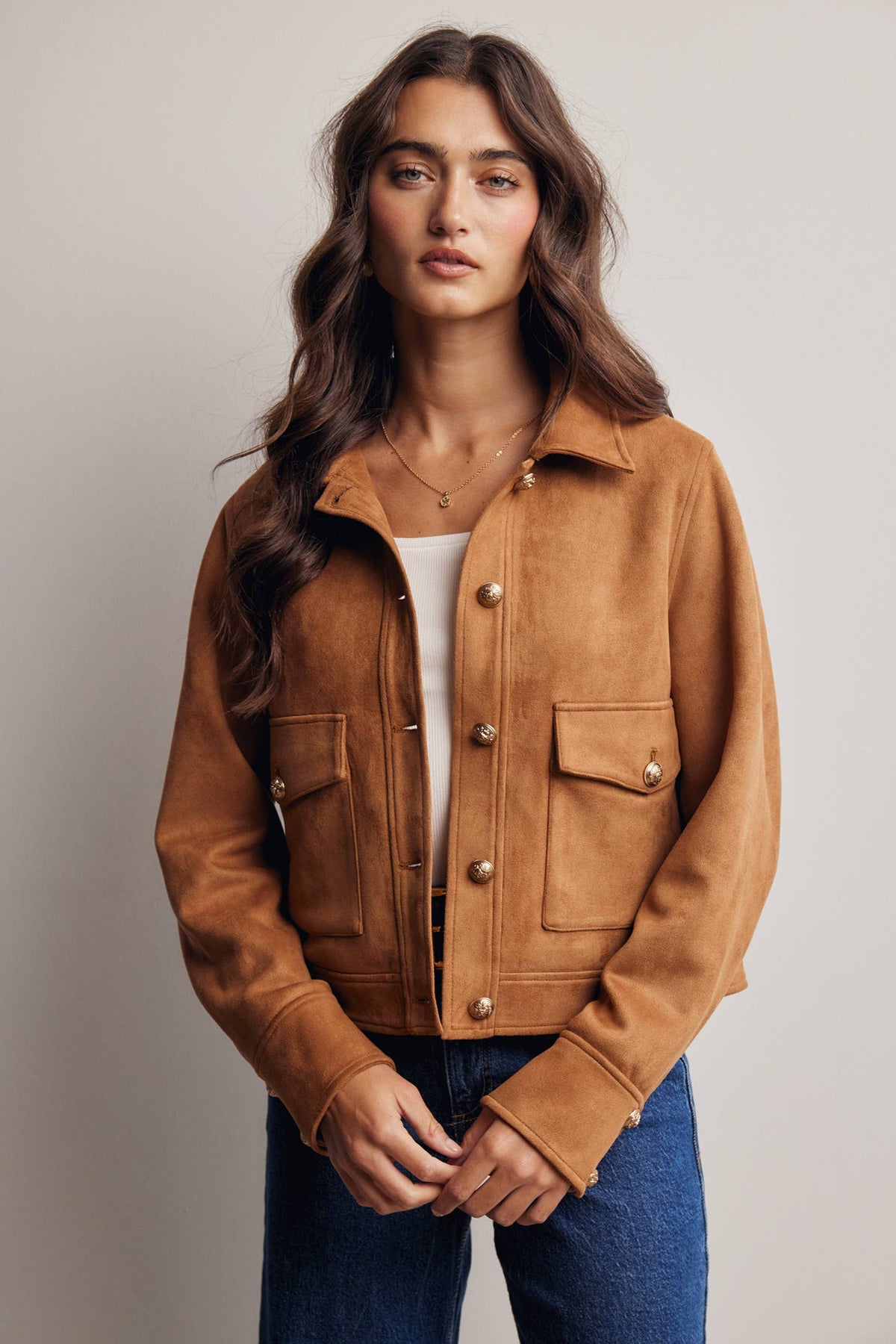 Sierra Stretch Suede Cropped Jacket: Camel