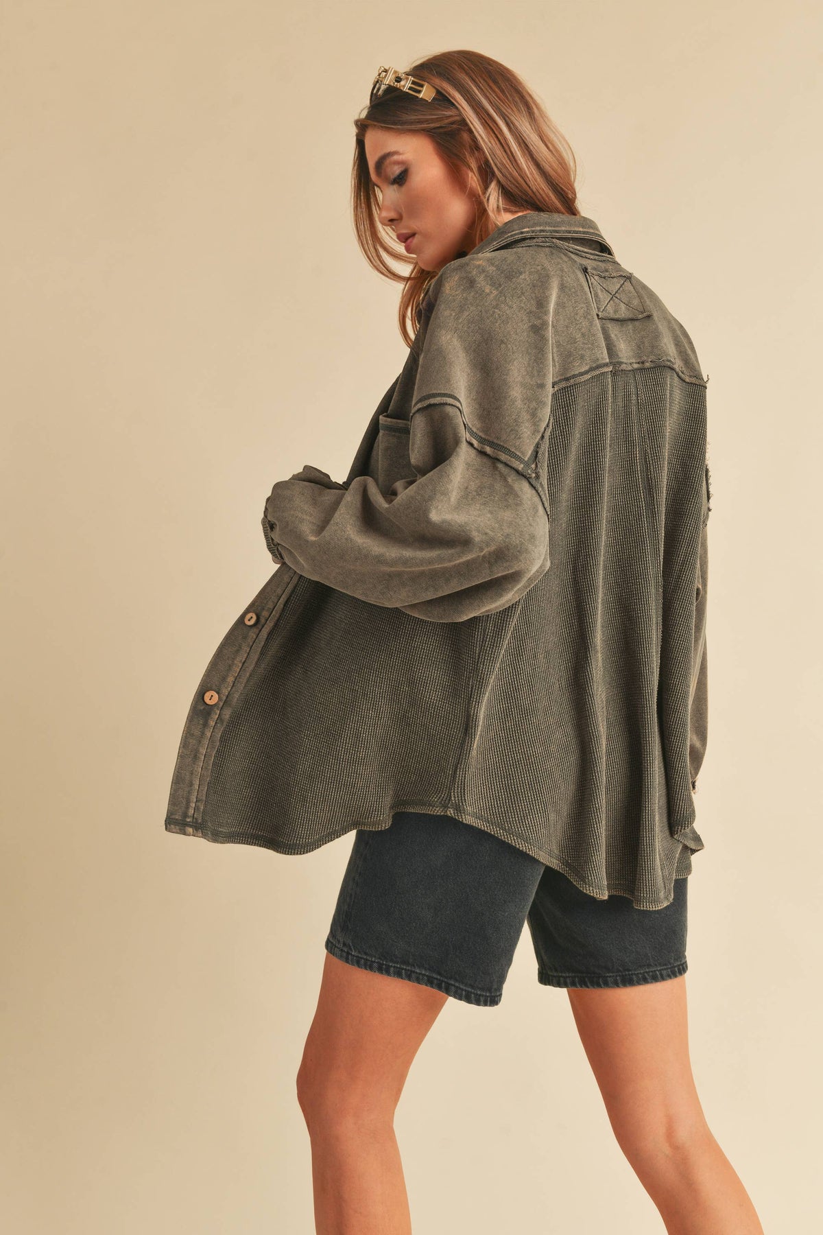 The Judie Mixed Media Vintage Wash Jacket : Charcoal – Relaxed Button Front Layering Shacket for Women
