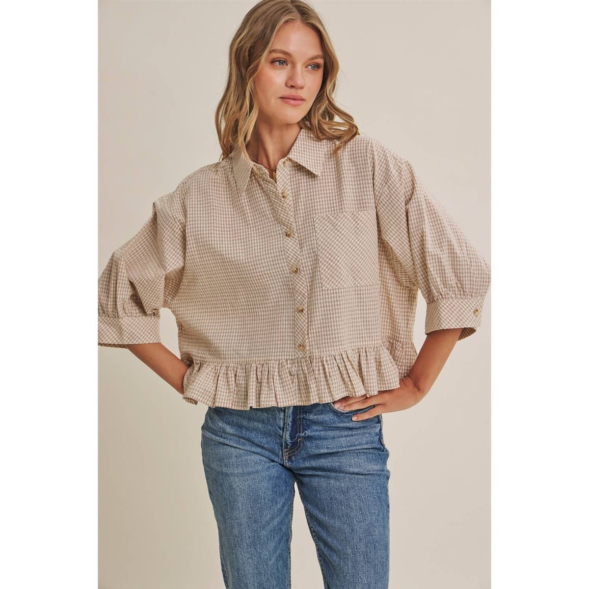 MORNING OAT MICRO CHECK RUFFLE HEM BUTTON-DOWN SHIRT: VANILLA / S