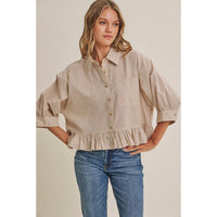 MORNING OAT MICRO CHECK RUFFLE HEM BUTTON-DOWN SHIRT: VANILLA / S