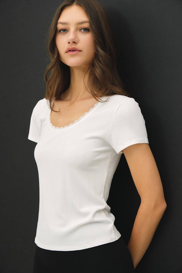 The Elin Lace Trim Ribbed Top – Scoop Neck Slim Fit Stretch Knit Tee