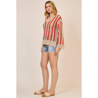 Sunset Stripe Open Knit Sweater: Taupe/ Tomato