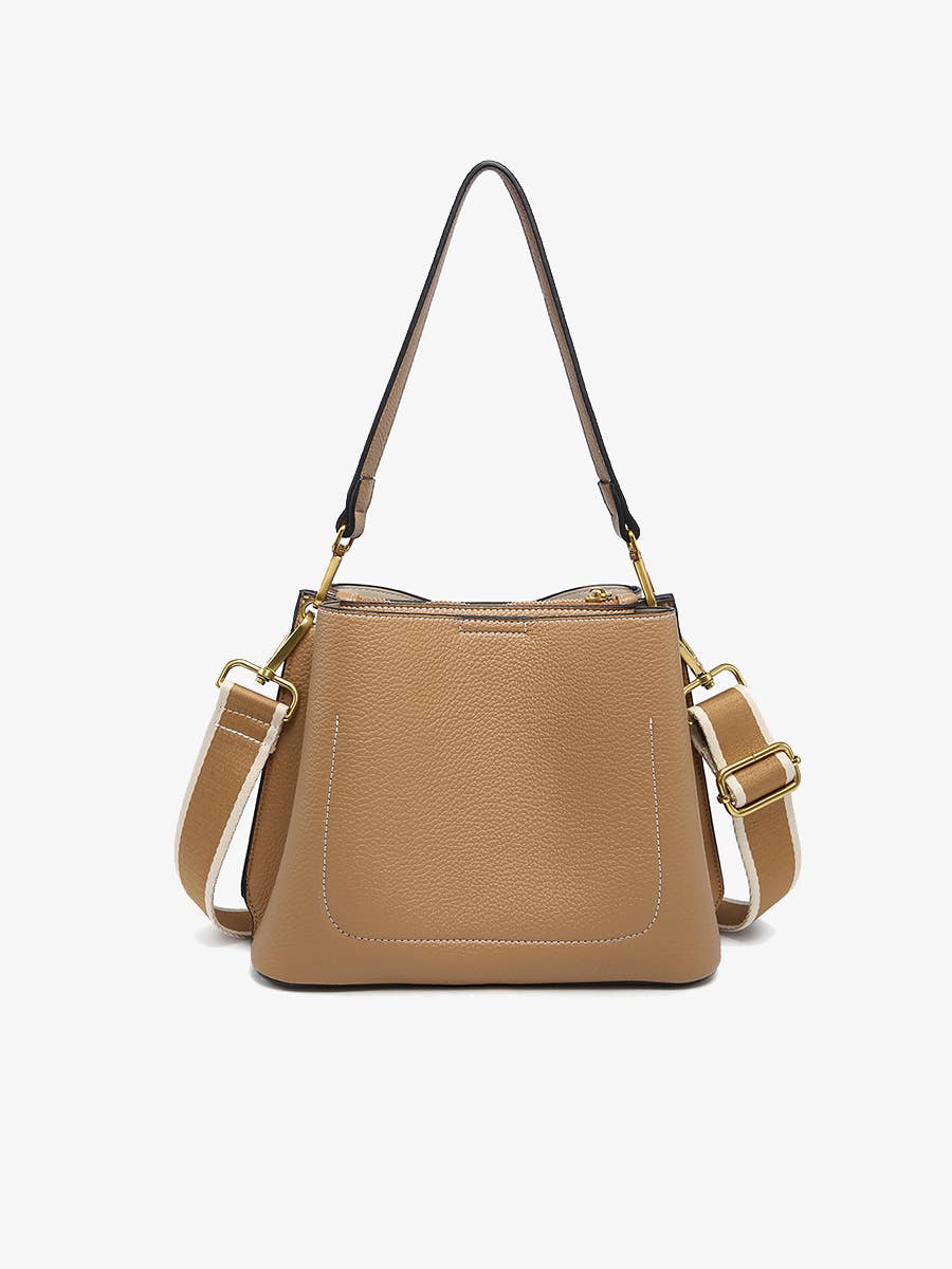 Jen & Co. Corinna Bucket Bag with 2 Toned Guitar Strap: Tan – 3 Compartment Vegan Leather Purse