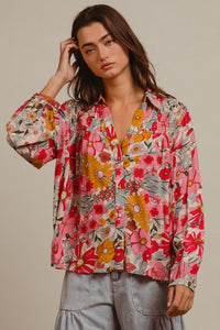 Flower Child Vibrant Floral Long Sleeve Blouse: Pink/Multi