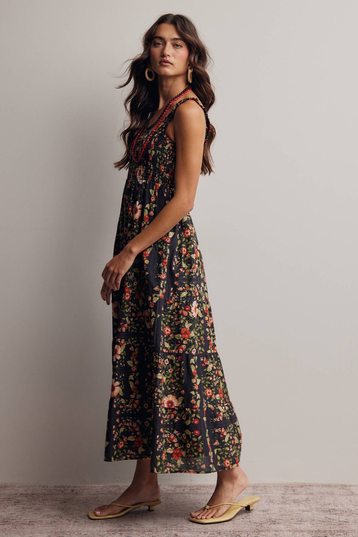 The Meadow Breeze Smocked Midi Dress: Black – Cotton Tiered Boho Dress with Pockets