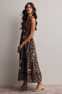 The Meadow Breeze Smocked Midi Dress: Black – Cotton Tiered Boho Dress with Pockets