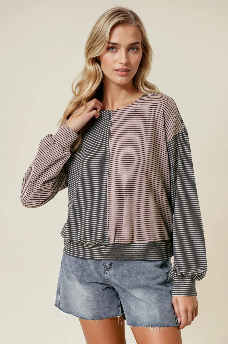 The Tessa Two-Tone Stripe Top – Charcoal/Wheat Mix