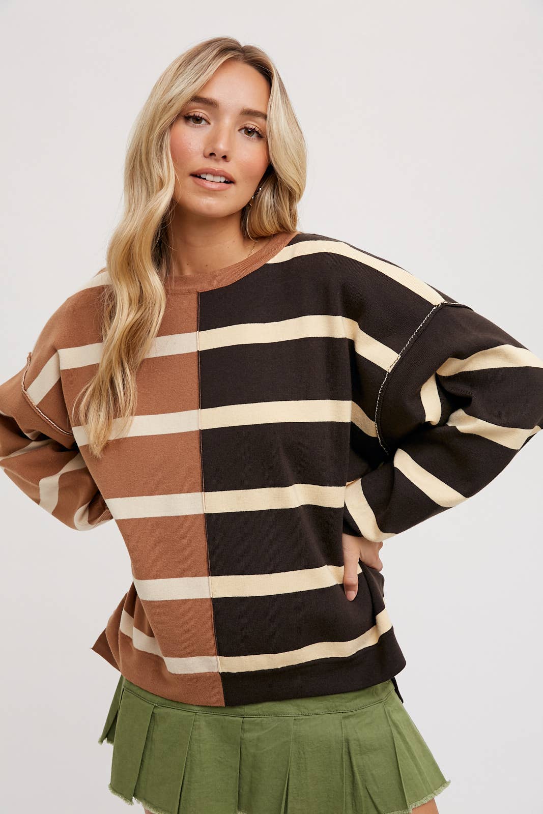 Nikki Striped Color Block Sweater: Mocha Combo