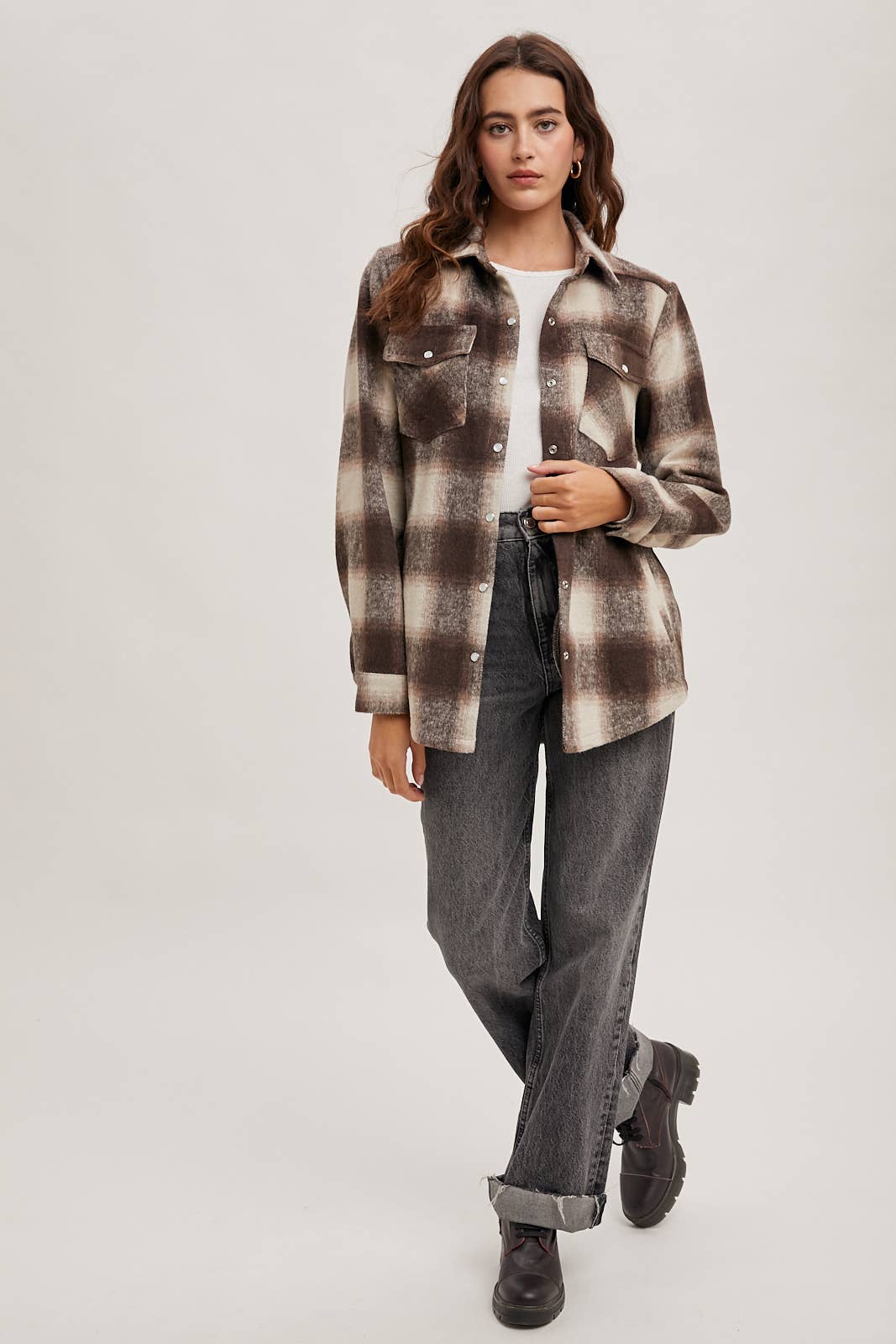 Dakota Plaid Flannel Shacket with Pockets – Brown Cream & Rust Ivory