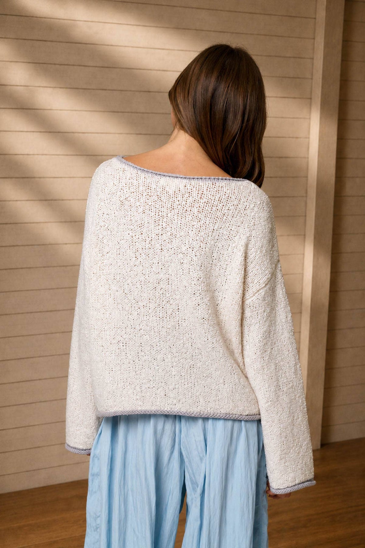 BOAT NECK CONTRAST TRIM LONG SLEEVE KNIT SWEATER : MOCHA