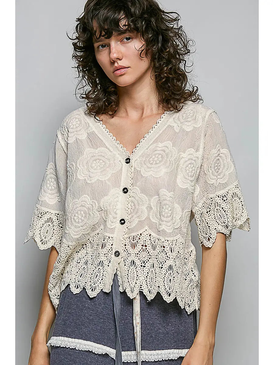 Selena Crochet Button-Front V-Neck Top