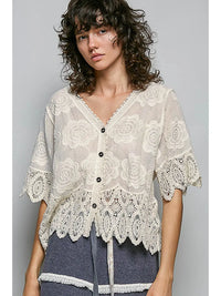 Selena Crochet Button-Front V-Neck Top