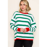 Staccato Holly Jolly Stripe Sweater – Green & White Christmas Pullover with Red Trim | Northern Belle Boutique