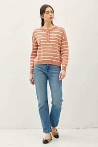 The Rowan Striped Henley Pullover Sweater – Cotton Slub Knit, Casual Drop Shoulder Crewneck