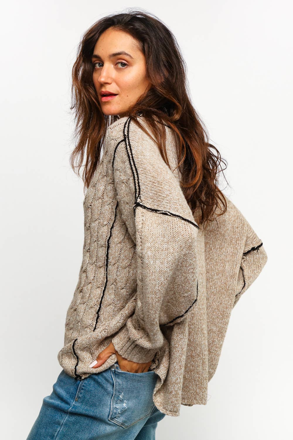 Lanie Color-Stitch Cable Knit Sweater – Oversized Round Neck Pullover | Northern Belle Boutique