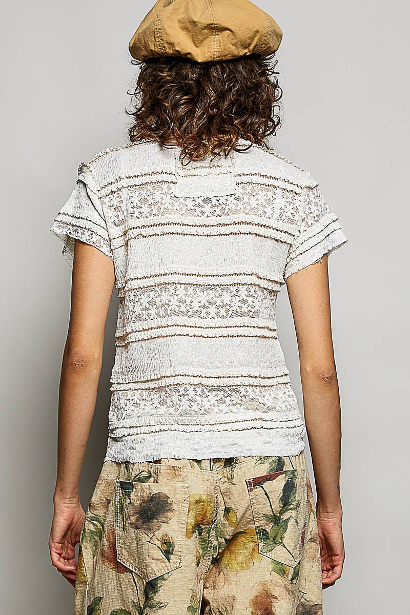 Feminine Lace V Neck Short Sleeve Top Trim Raw Edge: CREAM / S
