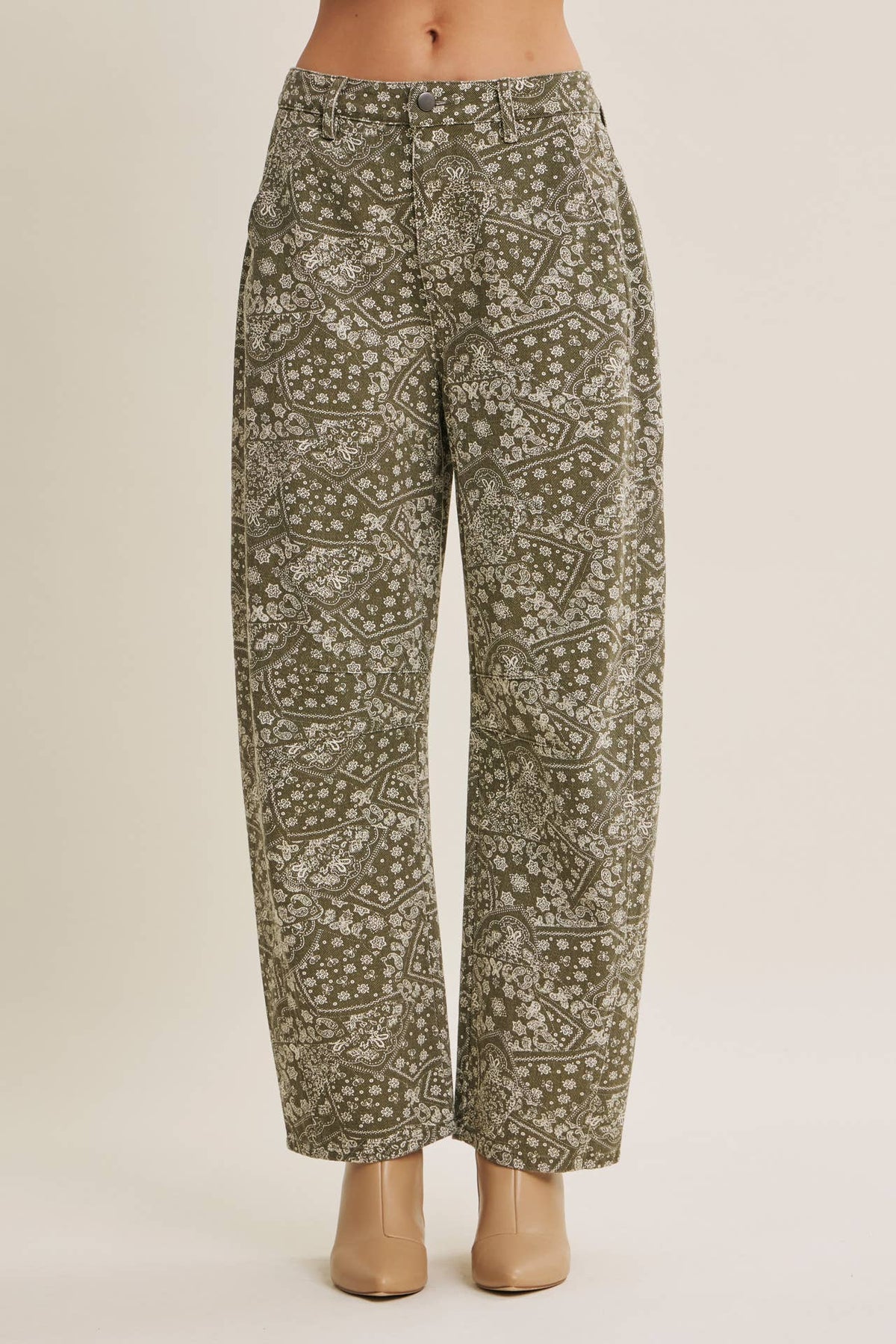 SUNFADED MARKET DAY  PAISLEY BARREL PANTS: ANTIQUE OLIVE