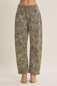 SUNFADED MARKET DAY  PAISLEY BARREL PANTS: ANTIQUE OLIVE