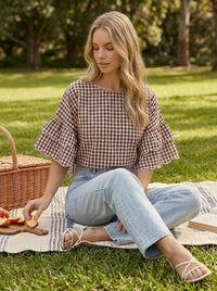Charming Gingham Scallop Edge Wild Ruffle Sleeve Top VT83548: Brown / S
