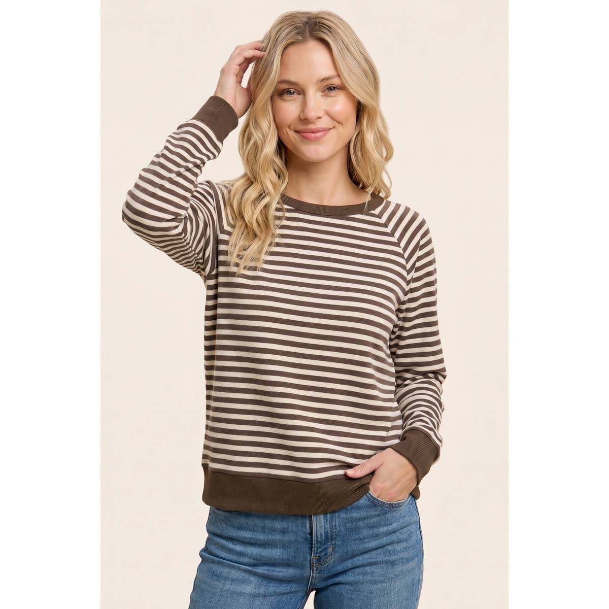 Everyday Mocha Stripe Brushed Knit Top: Mocha/ Cream