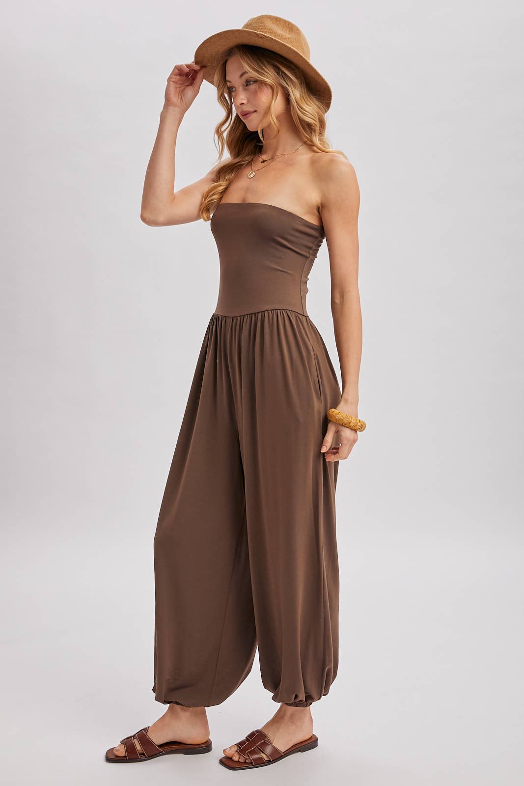 Mocha Strapless Jogger Jumpsuit