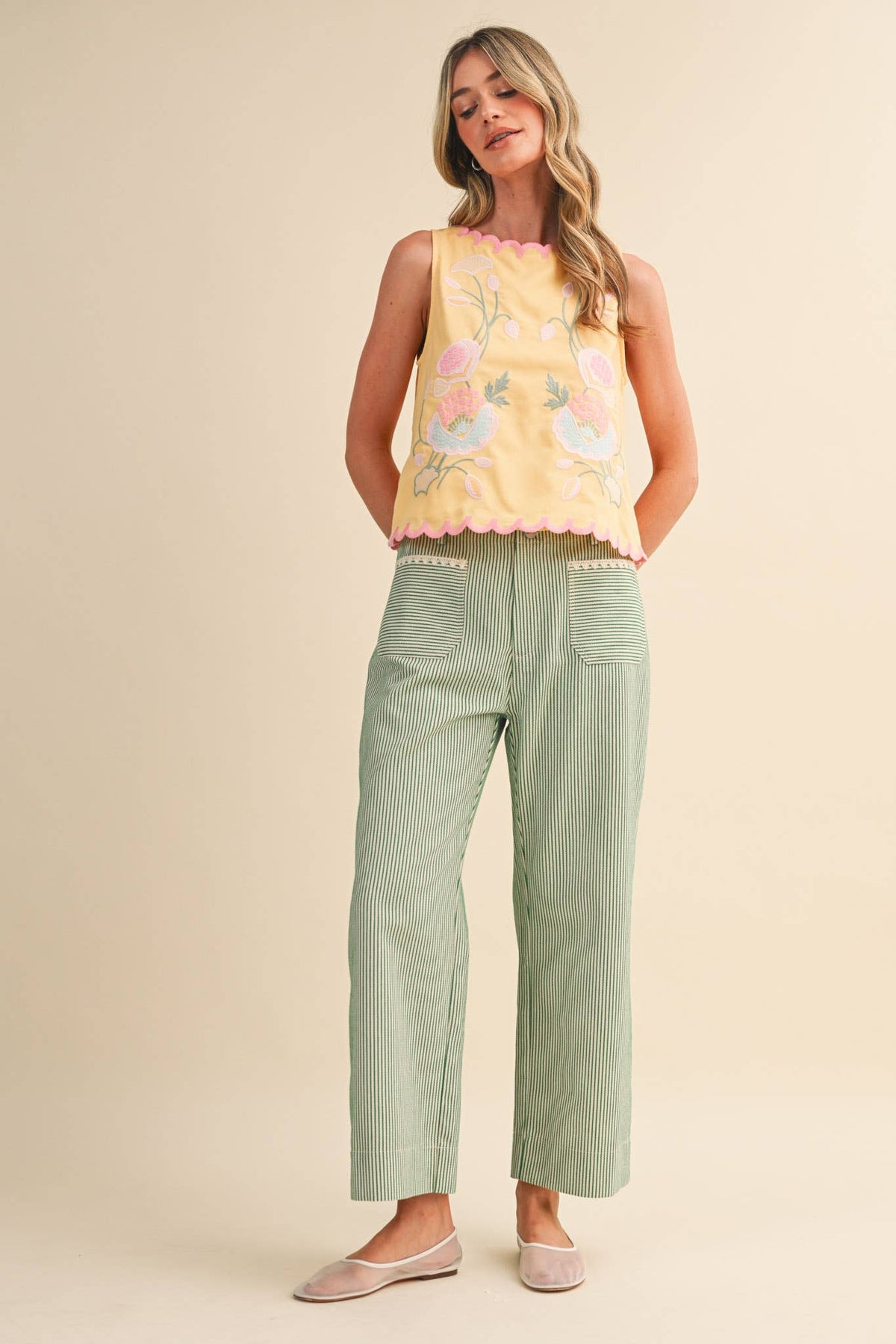 Savannah Stripe Wide Leg Pants: Green Stripe