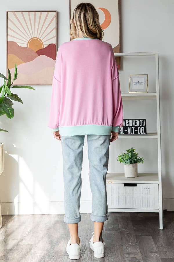 Amiee Sping Colorblock Pullover Crew Neck Long Sleeve Top: Mint