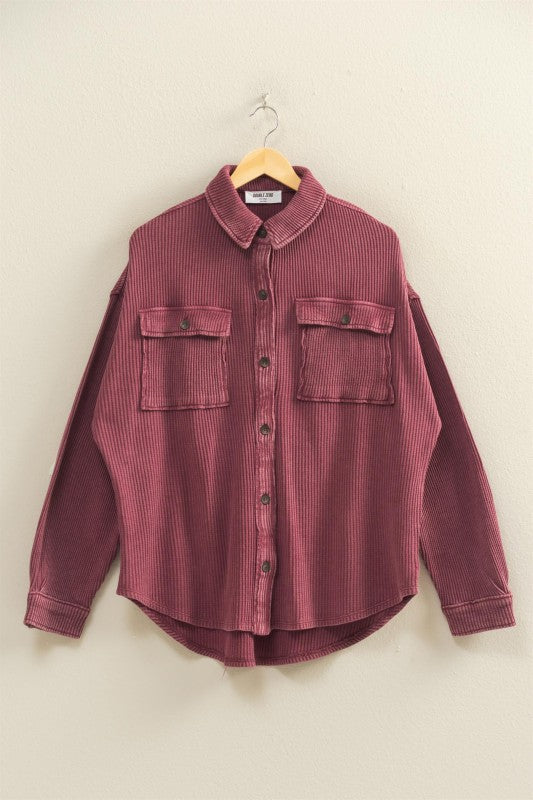 Maribel Oversized Mineral Washed Waffle Knit Shacket – Women’s Casual Button Down Shirt Jacket