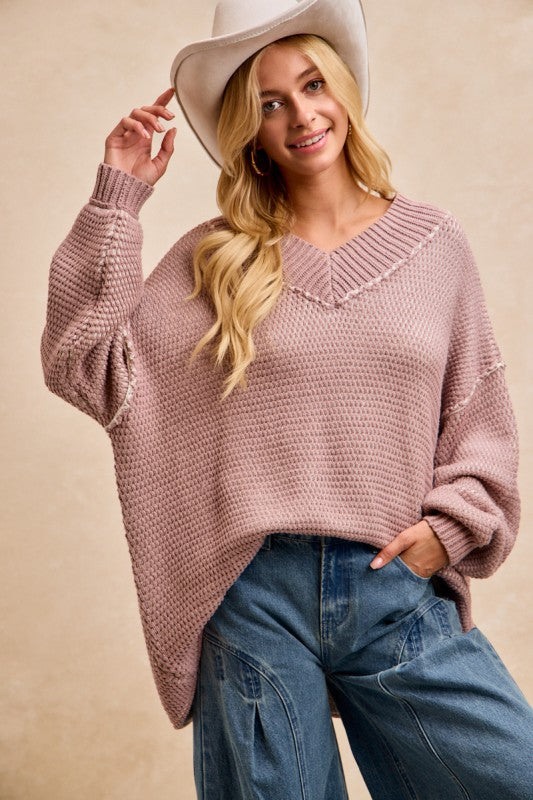 Liora Textured V-Neck Sweater: Frosted Lilac – Relaxed Fit Two-Tone Knit Top