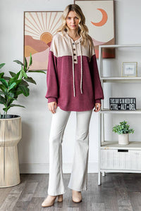 Elena Ribbed Button Front Hoodie – Colorblock Knit Pullover with Bishop Sleeves