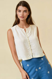 Lucienne Button Front Crop Tank: Ivory – Women’s Linen Blend Sleeveless Top