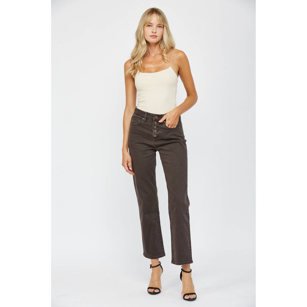 Harper High Rise Button Fly Straight Jeans – Dark Brown – Mica Denim