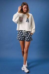 USA Patchwork Sweatshirt : Lt Grey – Patriotic Cropped Pullover Lounge Top