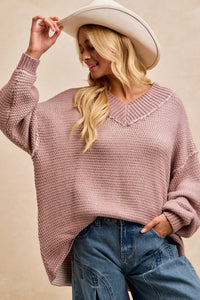 Liora Textured V-Neck Sweater: Frosted Lilac – Relaxed Fit Two-Tone Knit Top