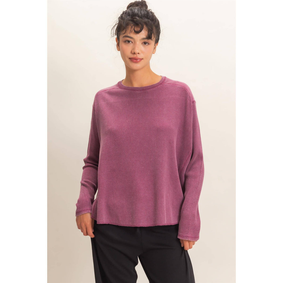 Slow Mornings Waffle Knit Top: Cream Taupe