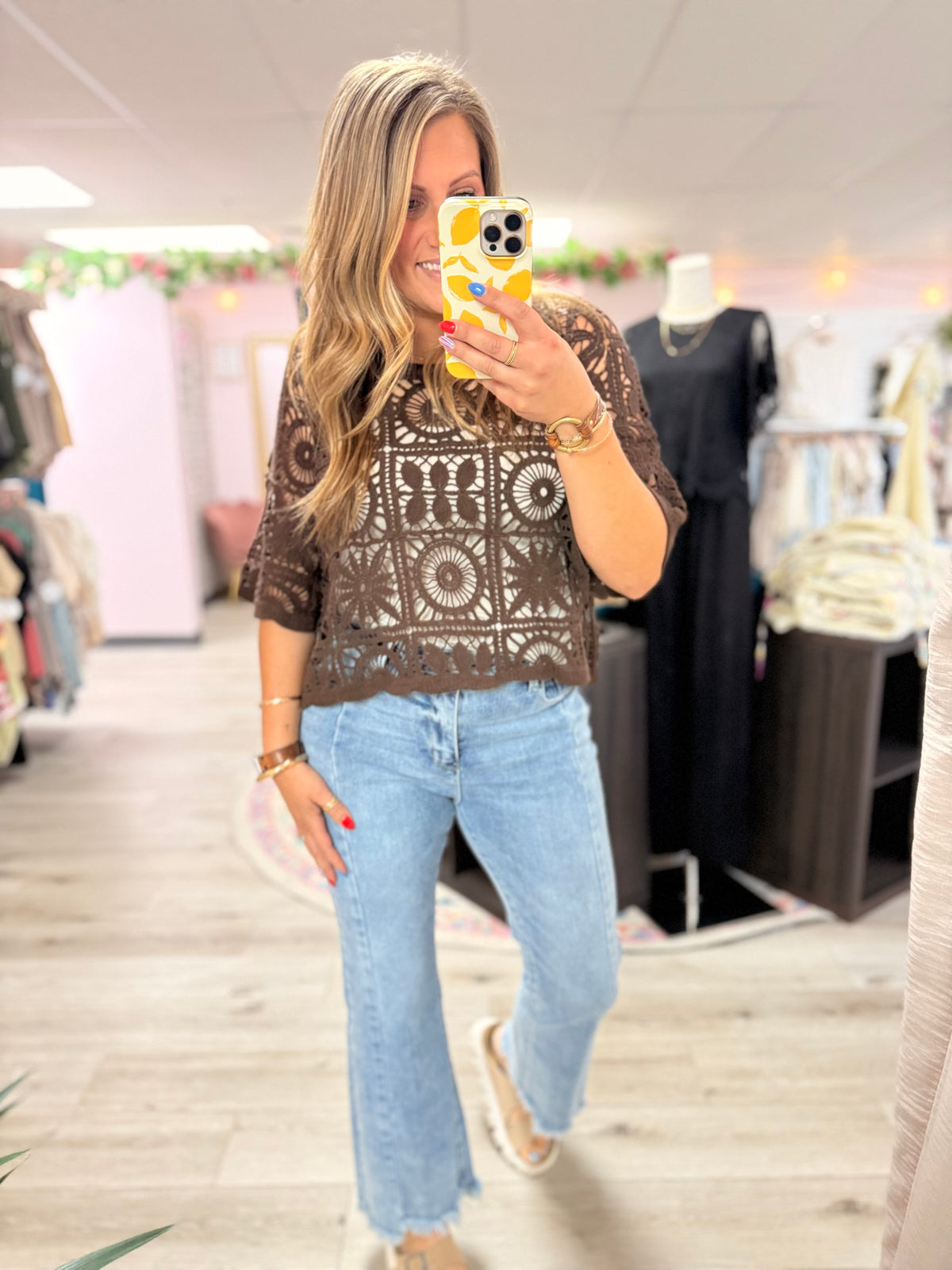 Bristol Crochet Boxy Knit Top: Chocolate Brown