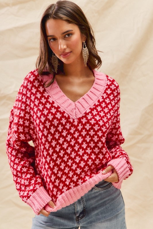 Poppy V-Neck Textured Holiday Sweater – Pink & Red Colorblock Knit Top