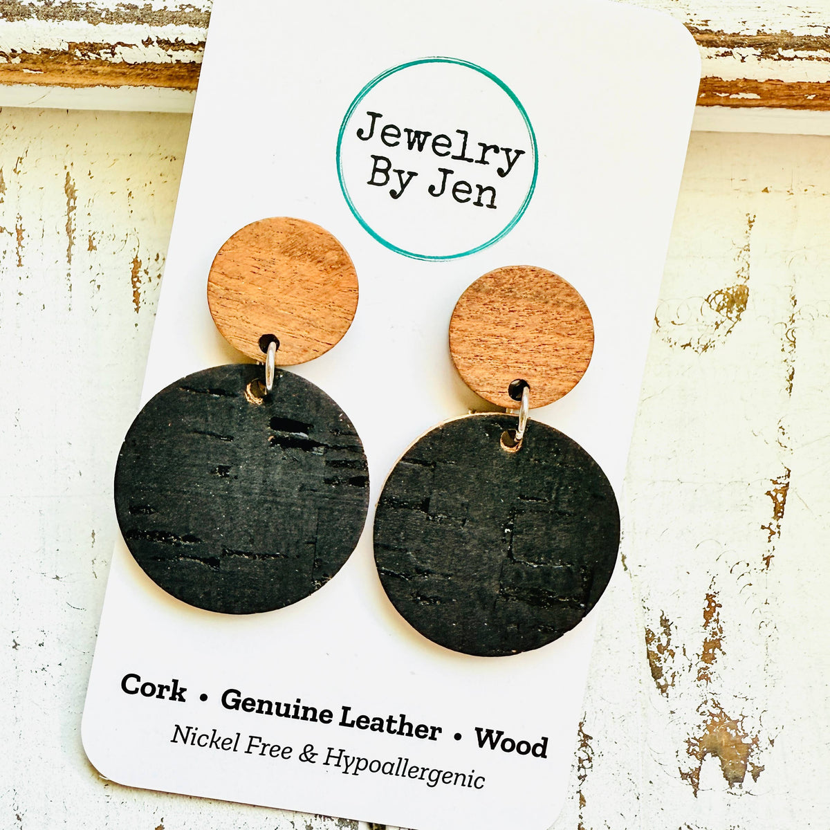 Hudson Black Cork & Wood Circle Earrings – Nickel-Free Hypoallergenic Studs